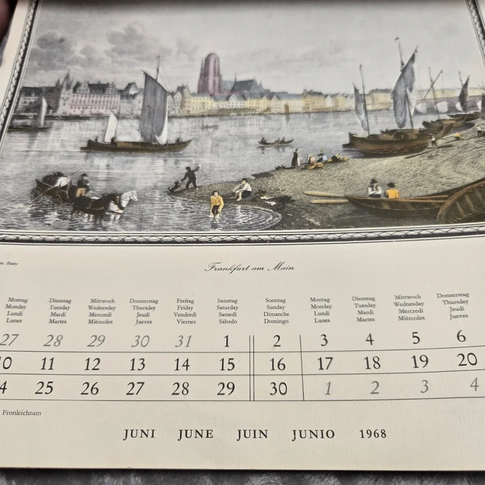 Vintage 1968 A Universe Calendar German Cities Illustrations Hamburg Würzburg